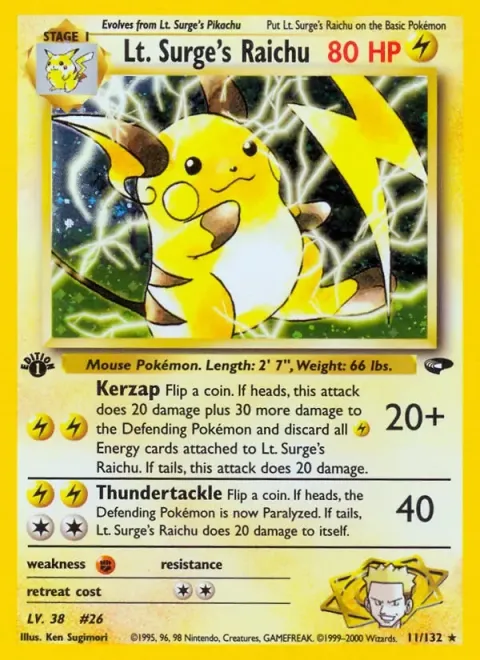 Carte Pokémon Lt. Surge’s Raichu 011/132, extension Gym Challenge (sortie anglaise)