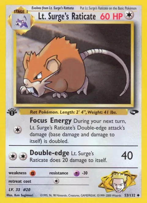 Carte Pokémon Lt. Surge’s Raticate 053/132, extension Gym Challenge (sortie anglaise)