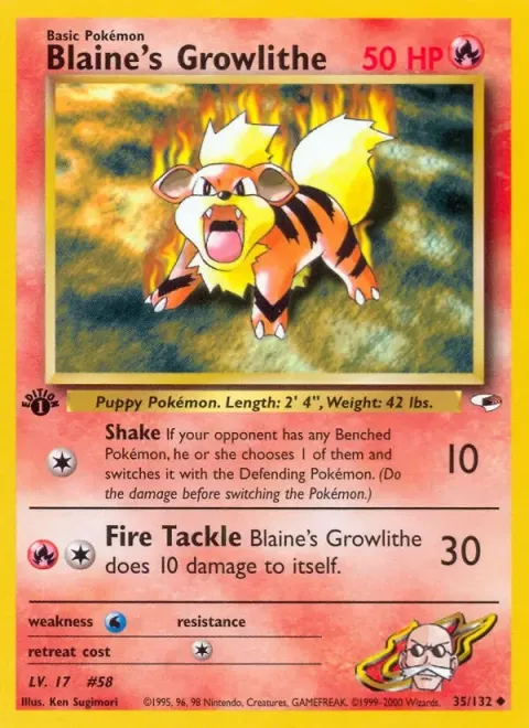 Carte Pokémon Blaine’s Growlithe 035/132, extension Gym Heroes (sortie anglaise)