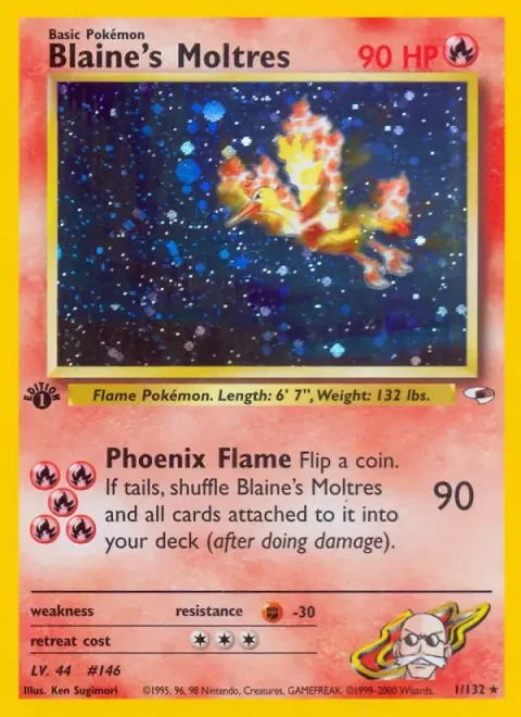 Carte Pokémon Blaine’s Moltres 001/132, extension Gym Heroes (sortie anglaise)