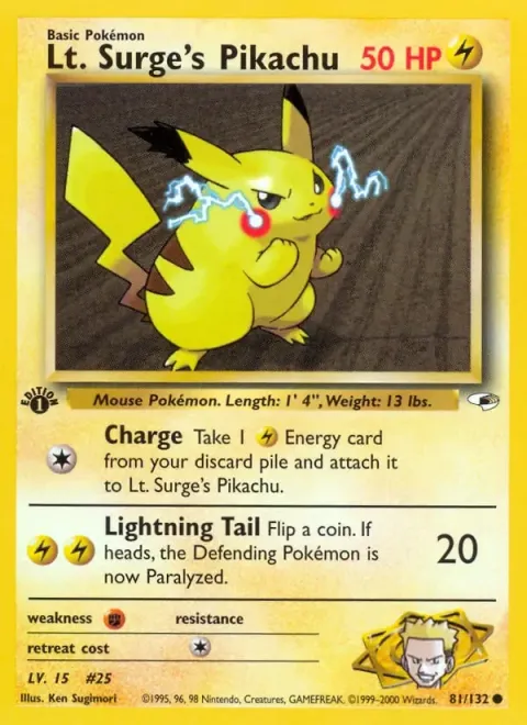 Carte Pokémon Lt. Surge’s Pikachu 081/132, extension Gym Heroes (sortie anglaise)