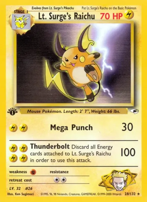 Carte Pokémon Lt. Surge’s Raichu 028/132, extension Gym Heroes (sortie anglaise)