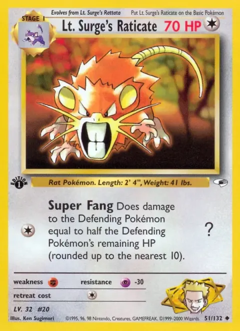Carte Pokémon Lt. Surge’s Raticate 051/132, extension Gym Heroes (sortie anglaise)