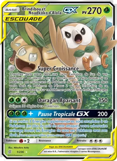 Carte Pokémon Brindibou et Noadkoko d’Alola GX 001/236, extension Harmonie des Esprits