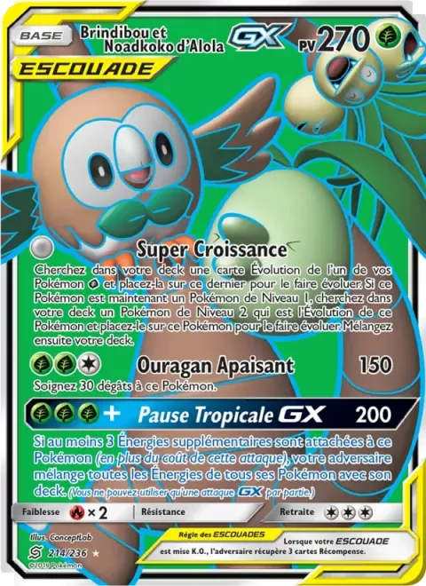 Carte Pokémon Brindibou et Noadkoko d’Alola GX 214/236, extension Harmonie des Esprits