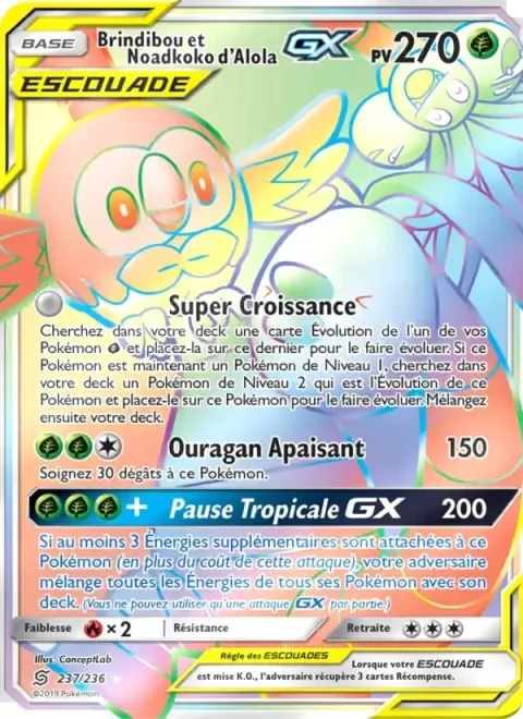 Carte Pokémon Brindibou et Noadkoko d’Alola GX 237/236, extension Harmonie des Esprits