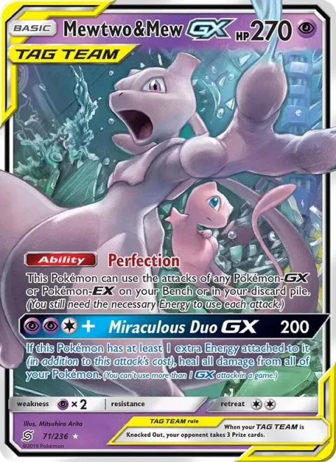 Carte Pokémon Mewtwo et Mew GX 071/236, extension Harmonie des Esprits