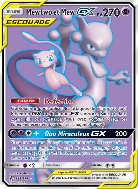 Carte Pokémon Mewtwo et Mew GX 222/236, extension Harmonie des Esprits