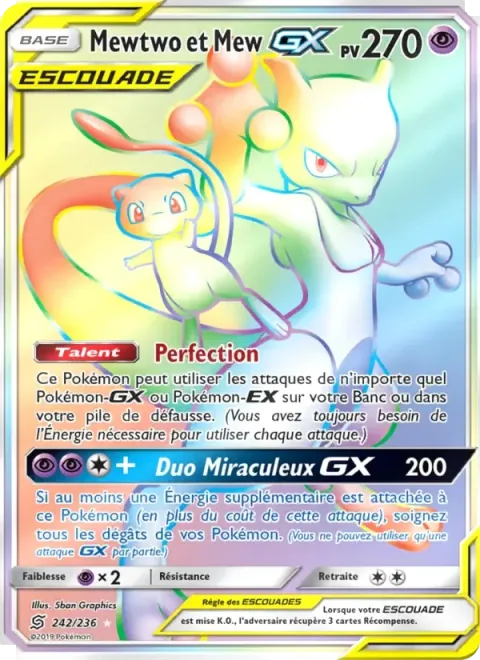 Carte Pokémon Mewtwo et Mew GX 242/236, extension Harmonie des Esprits
