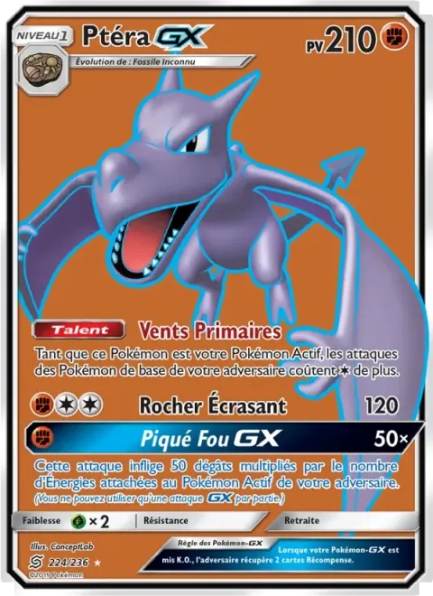 Carte Pokémon Ptéra GX 224/236, extension Harmonie des Esprits