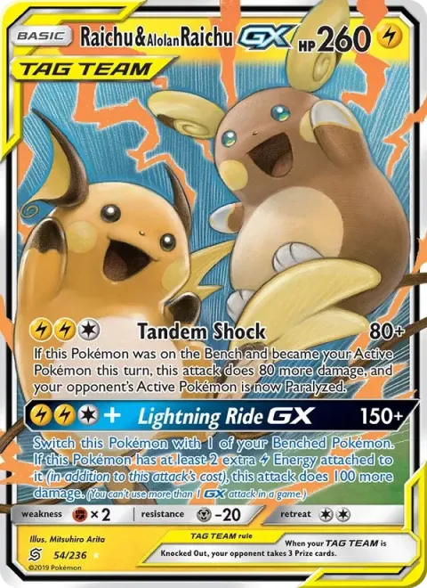 Carte Pokémon Raichu et Raichu d’Alola GX 054/236, extension Harmonie des Esprits