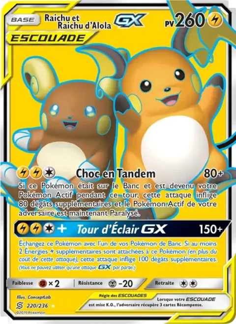 Carte Pokémon Raichu et Raichu d’Alola GX 220/236, extension Harmonie des Esprits