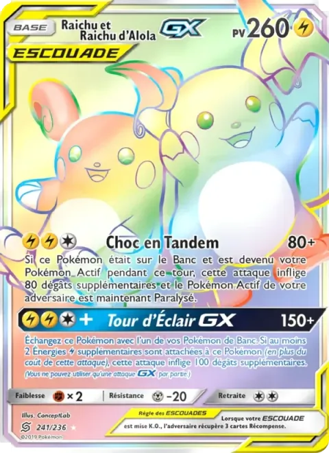 Carte Pokémon Raichu et Raichu d’Alola GX 241/236, extension Harmonie des Esprits