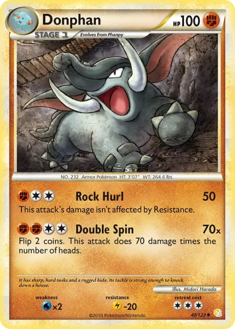 Carte Pokémon Donphan 040/123, extension HeartGold SoulSilver