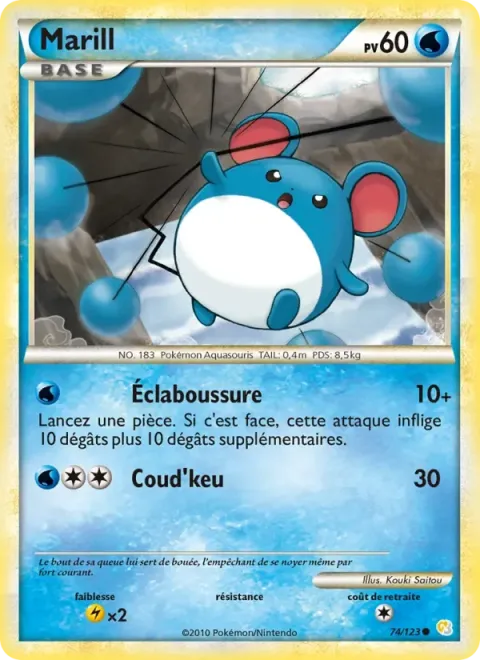Carte Pokémon Marill 074/123, extension HeartGold SoulSilver