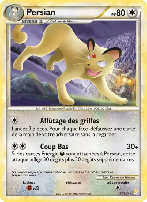 Carte Pokémon Persian 027/123, extension HeartGold SoulSilver