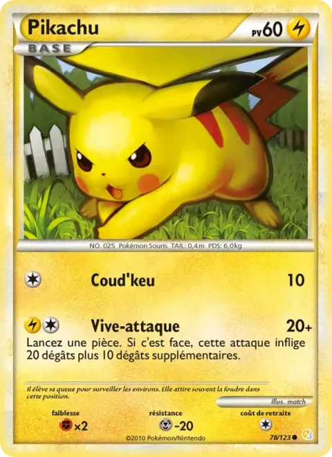 Carte Pokémon Pikachu 078/123, extension HeartGold SoulSilver