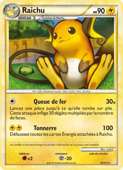 Carte Pokémon Raichu 010/123, extension HeartGold SoulSilver