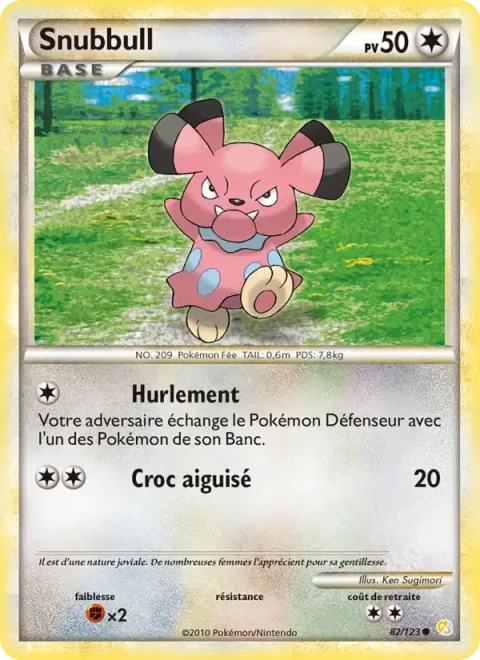 Carte Pokémon Snubbull 082/123, extension HeartGold SoulSilver