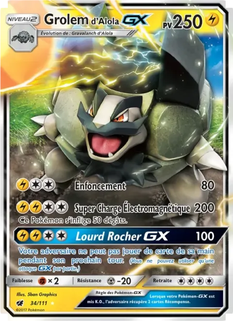 Carte Pokémon Grolem d’Alola GX 034/111, extension Invasion Carmin