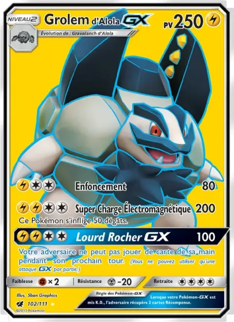 Carte Pokémon Grolem d’Alola GX 102/111, extension Invasion Carmin