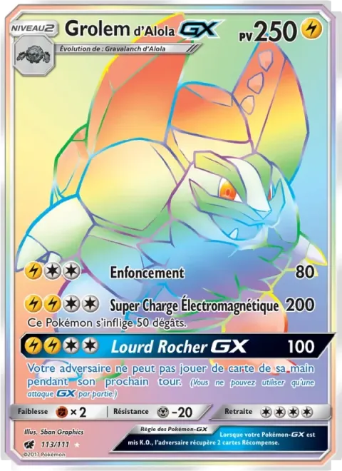 Carte Pokémon Grolem d’Alola GX 113/111, extension Invasion Carmin
