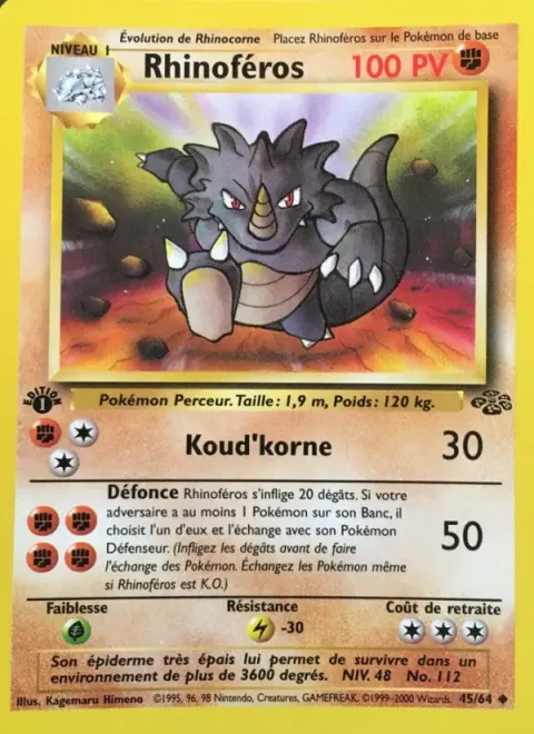 Carte Pokémon Rhinoféros 045/064, extension Jungle