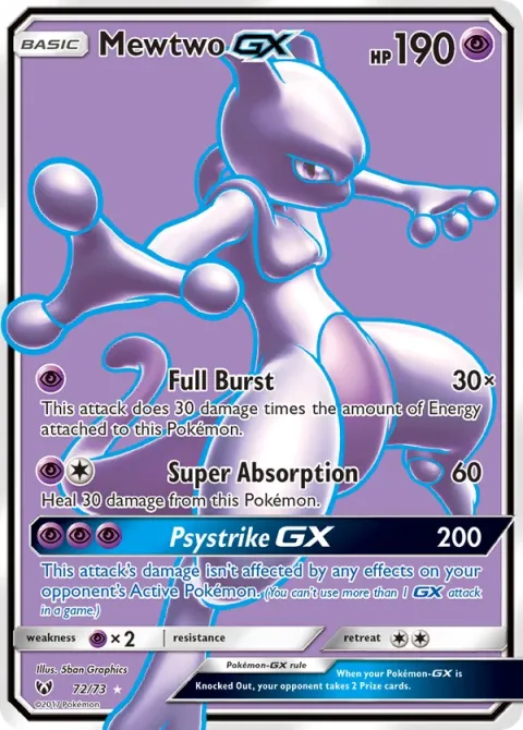 Carte Pokémon Mewtwo GX 072/073, extension Légendes Brillantes