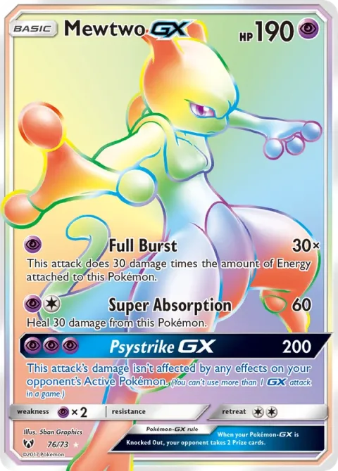 Carte Pokémon Mewtwo GX 076/073, extension Légendes Brillantes