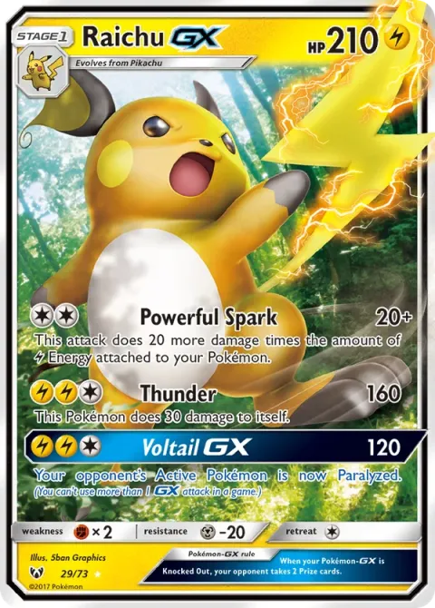 Carte Pokémon Raichu GX 029/073, extension Légendes Brillantes