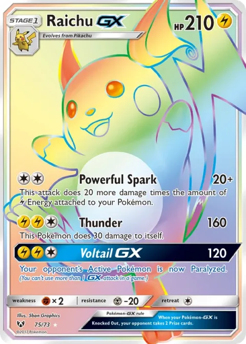 Carte Pokémon Raichu GX 075/073, extension Légendes Brillantes