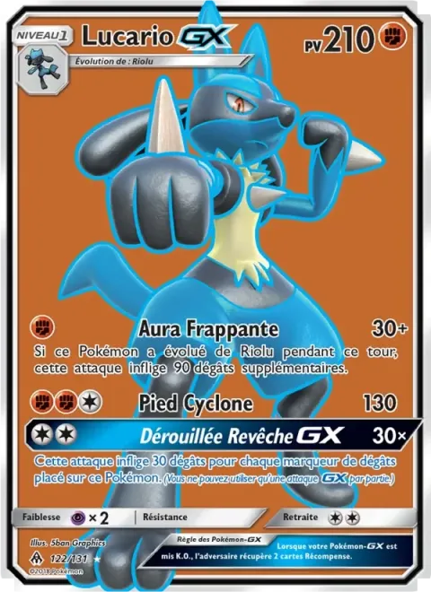 Carte Pokémon Lucario GX 122/131, extension Lumière Interdite