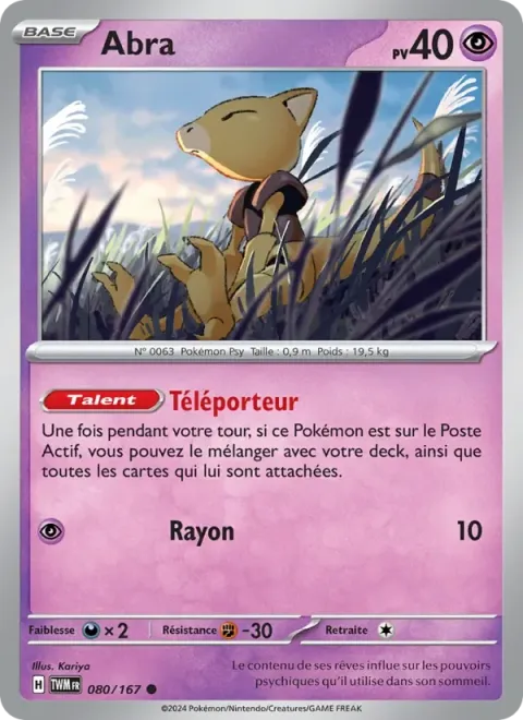 Carte Pokémon Abra 080/167, extension Mascarade Crépusculaire