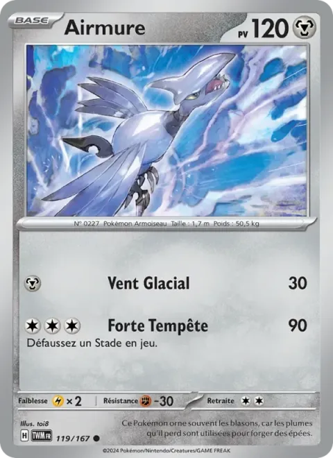 Carte Pokémon Airmure 119/167, extension Mascarade Crépusculaire