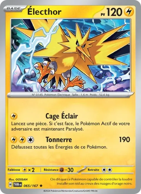 Carte Pokémon Électhor 065/167, extension Mascarade Crépusculaire