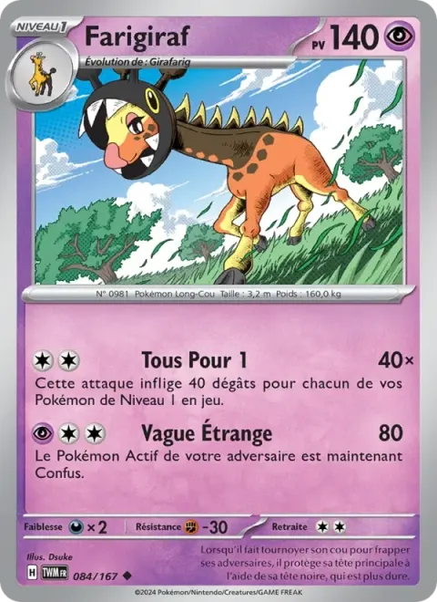 Carte Pokémon Farigiraf 084/167, extension Mascarade Crépusculaire