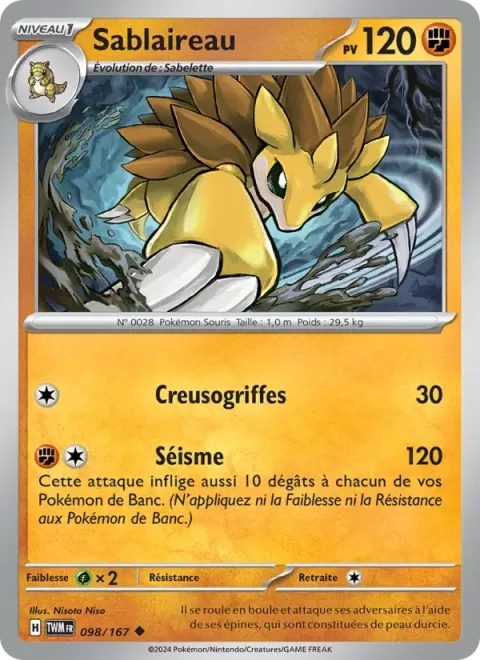 Carte Pokémon Sablaireau 098/167, extension Mascarade Crépusculaire