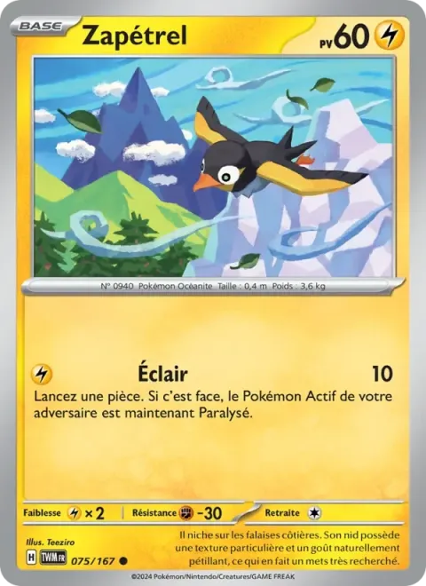 Carte Pokémon Zapétrel 075/167, extension Mascarade Crépusculaire