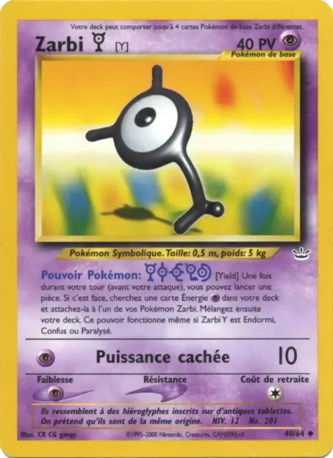 Carte Pokémon Zarbi Y 040/064, extension Neo Revelation
