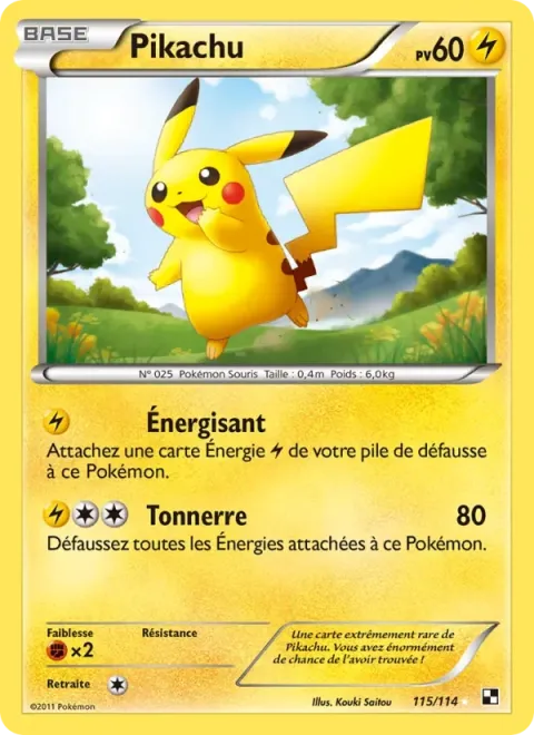 Carte Pokémon Pikachu 115/114, extension Noir & Blanc