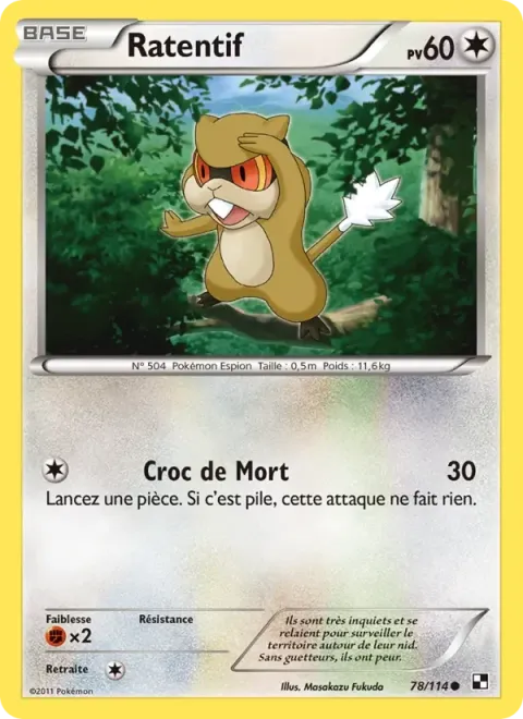 Carte Pokémon Ratentif 078/114, extension Noir & Blanc