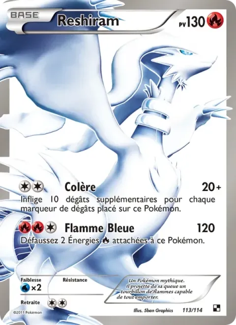 Carte Pokémon Reshiram 113/114, extension Noir & Blanc