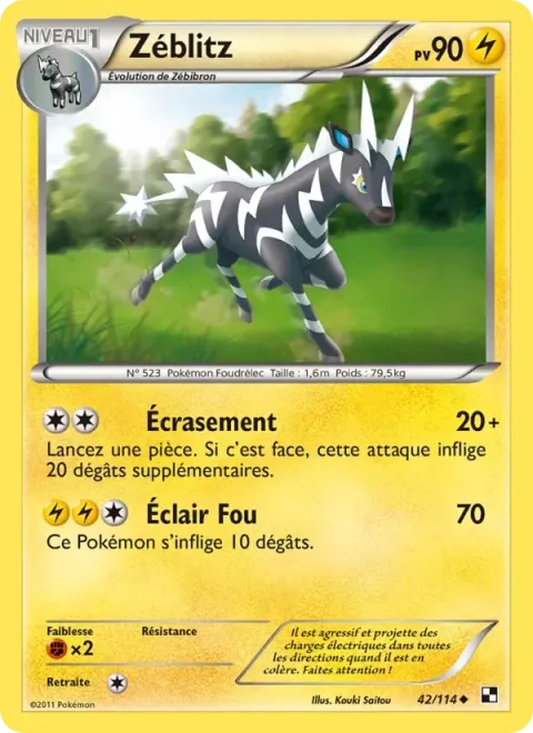 Carte Pokémon Zéblitz 042/114, extension Noir & Blanc