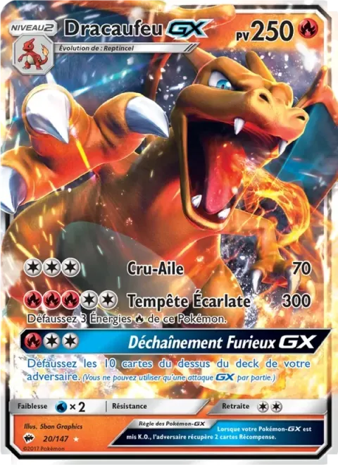 Carte Pokémon Dracaufeu GX 020/147, extension Ombres Ardentes