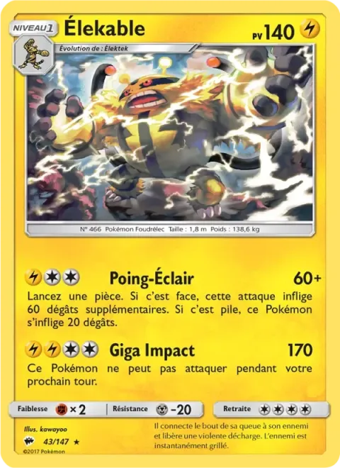 Carte Pokémon Élekable 043/147, extension Ombres Ardentes