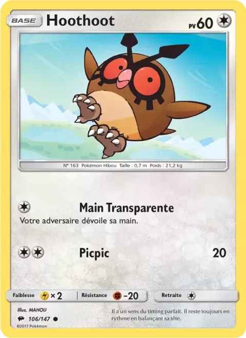 Carte Pokémon Hoothoot 106/147, extension Ombres Ardentes
