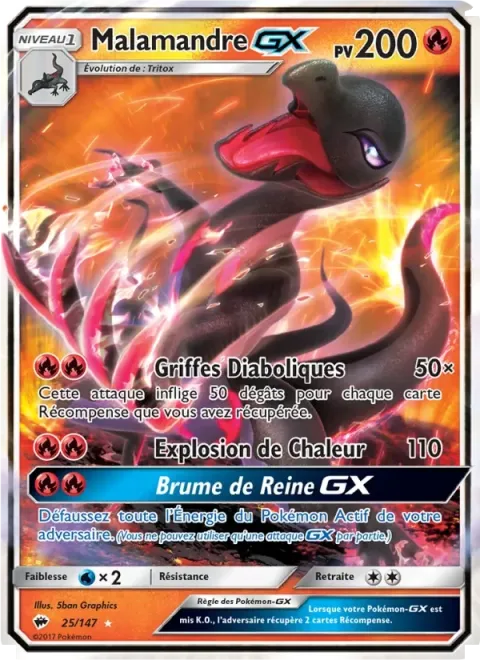 Carte Pokémon Malamandre GX 025/147, extension Ombres Ardentes
