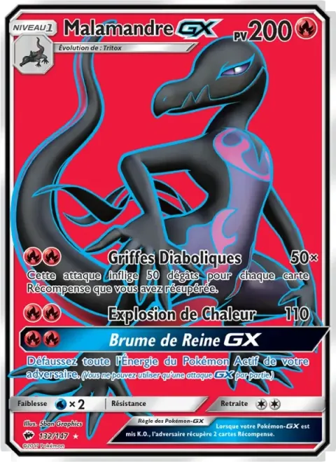 Carte Pokémon Malamandre GX 132/147, extension Ombres Ardentes