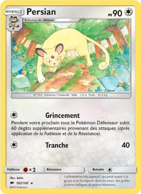 Carte Pokémon Persian 102/147, extension Ombres Ardentes