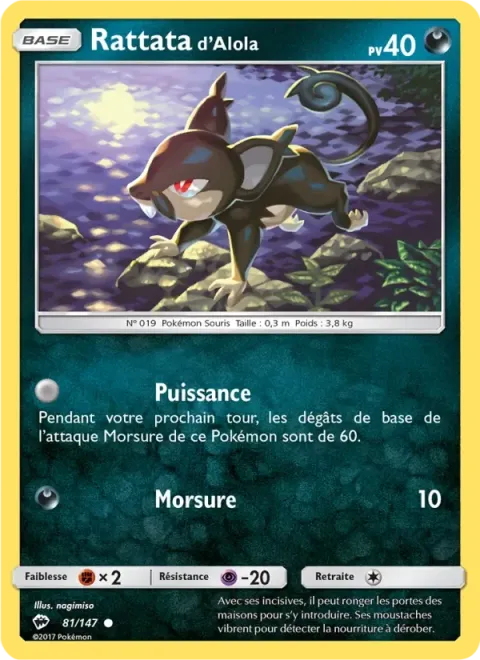 Carte Pokémon Rattata d’Alola 081/147, extension Ombres Ardentes